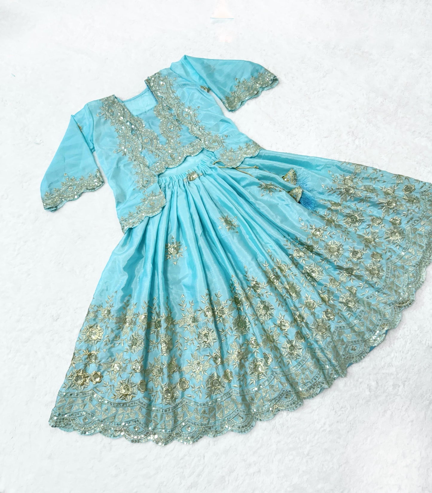 Sky color chinon silk lehenga choli with koti images