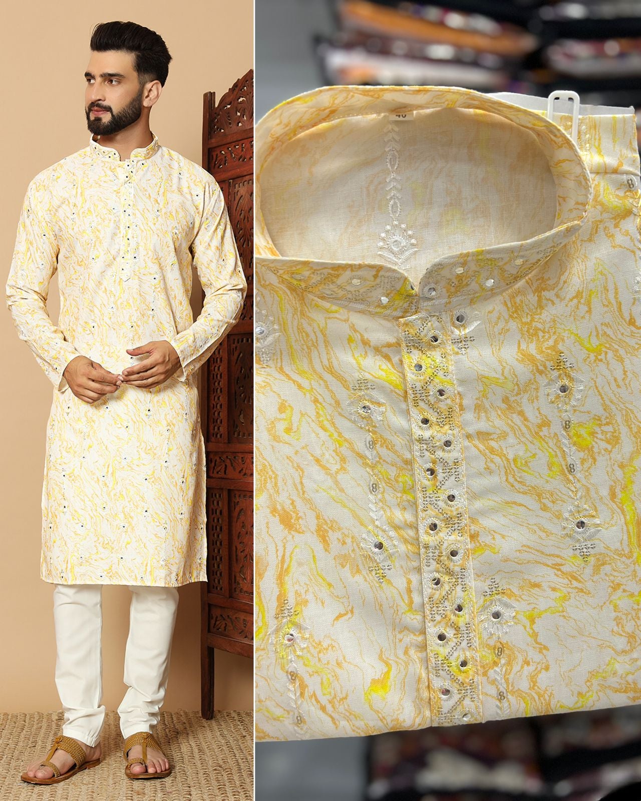 Yellow color Pure Linen Kurta Pajama