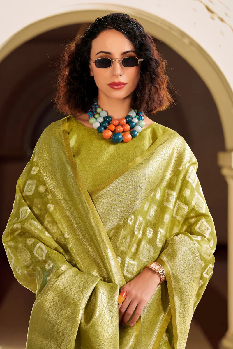 Green color tissue silk saree with blouse design