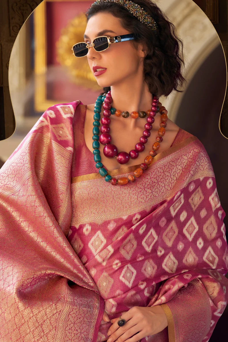 Pink color tissue silk saree with blouse price