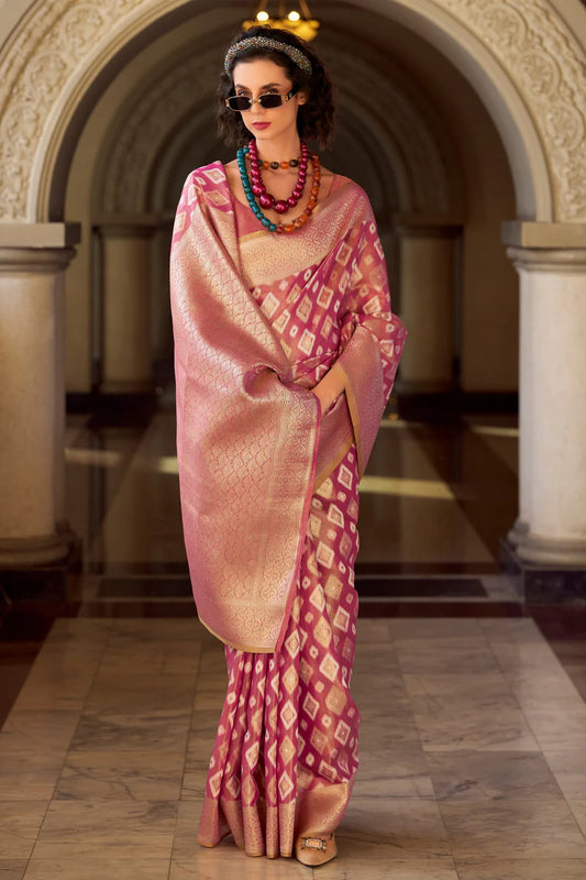 Pink color tissue silk saree with blouse online