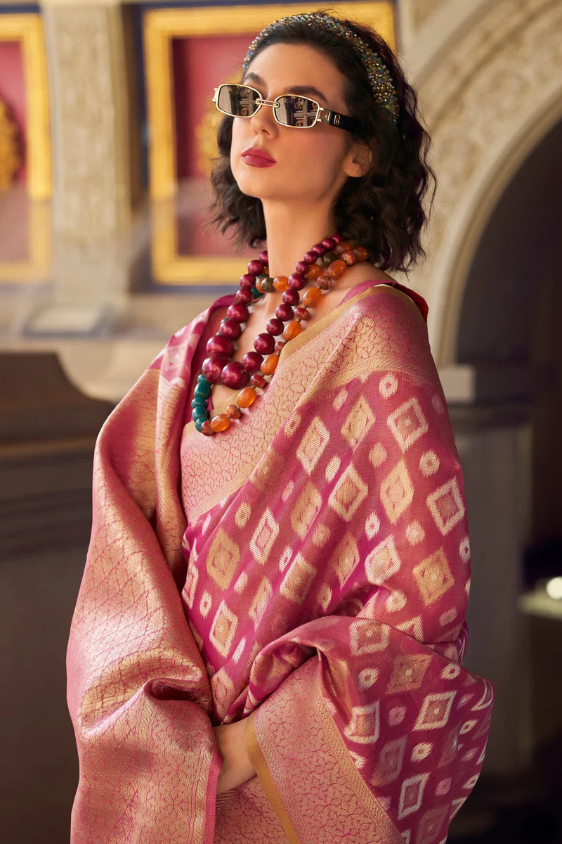 Pink color tissue silk saree with blouse design