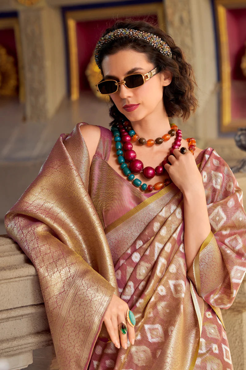 Onion color tissue silk saree for party