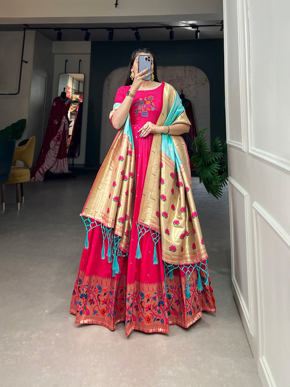 Pink color jacquard silk long gown for women