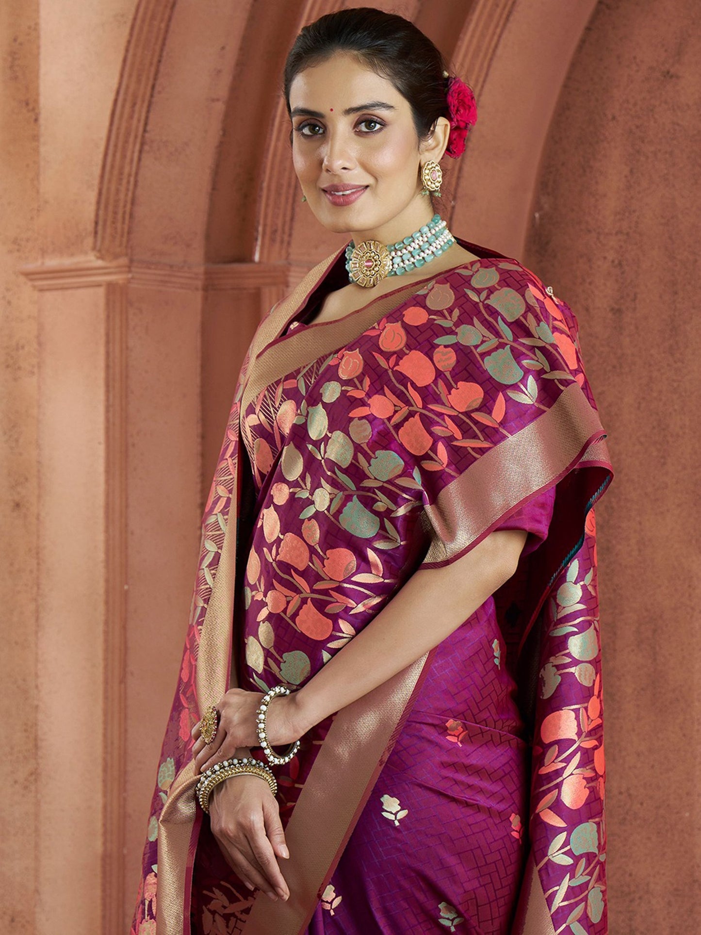 Wine banarasi silk printed saree for women online shopping