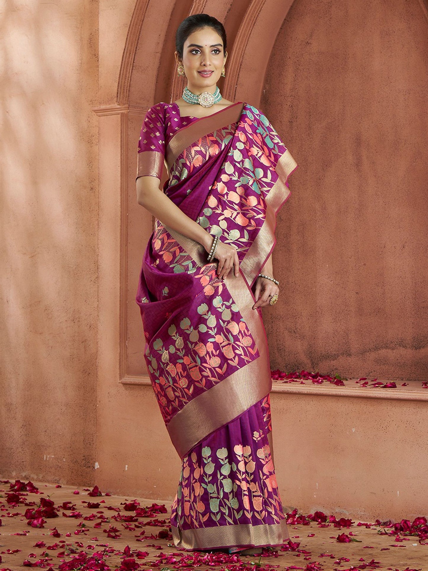 Wine banarasi silk printed saree for women price
