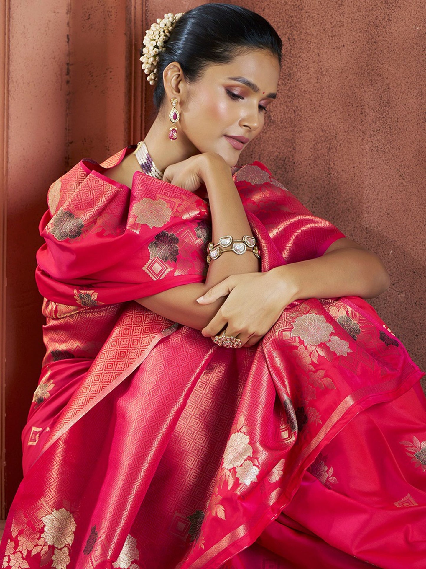 Red banarasi silk printed saree for women price