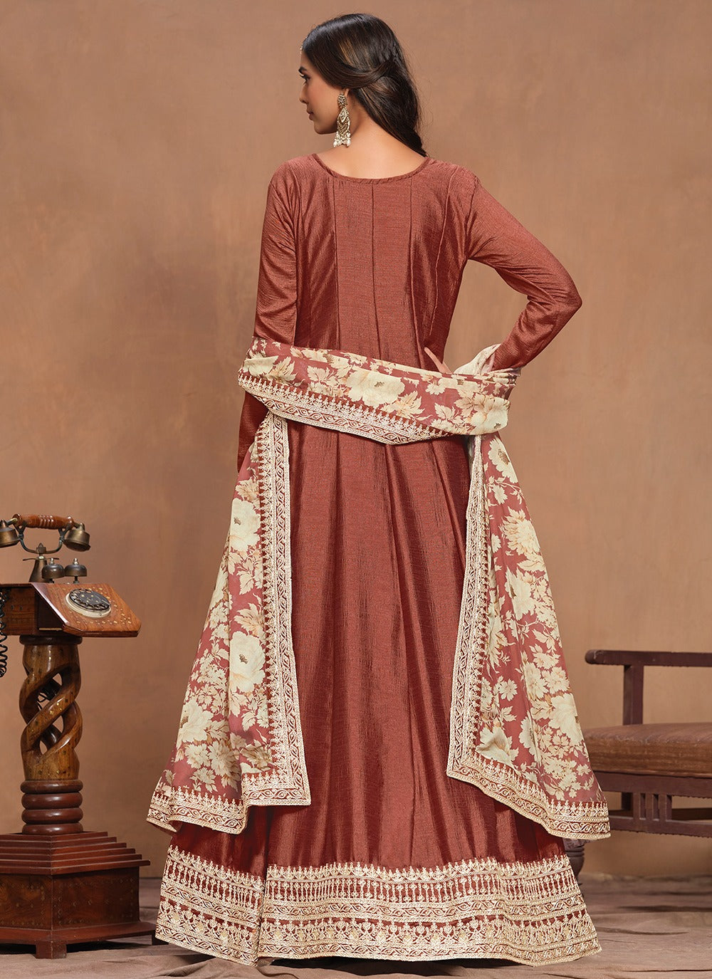 Brown embroidery work gown for women online USA