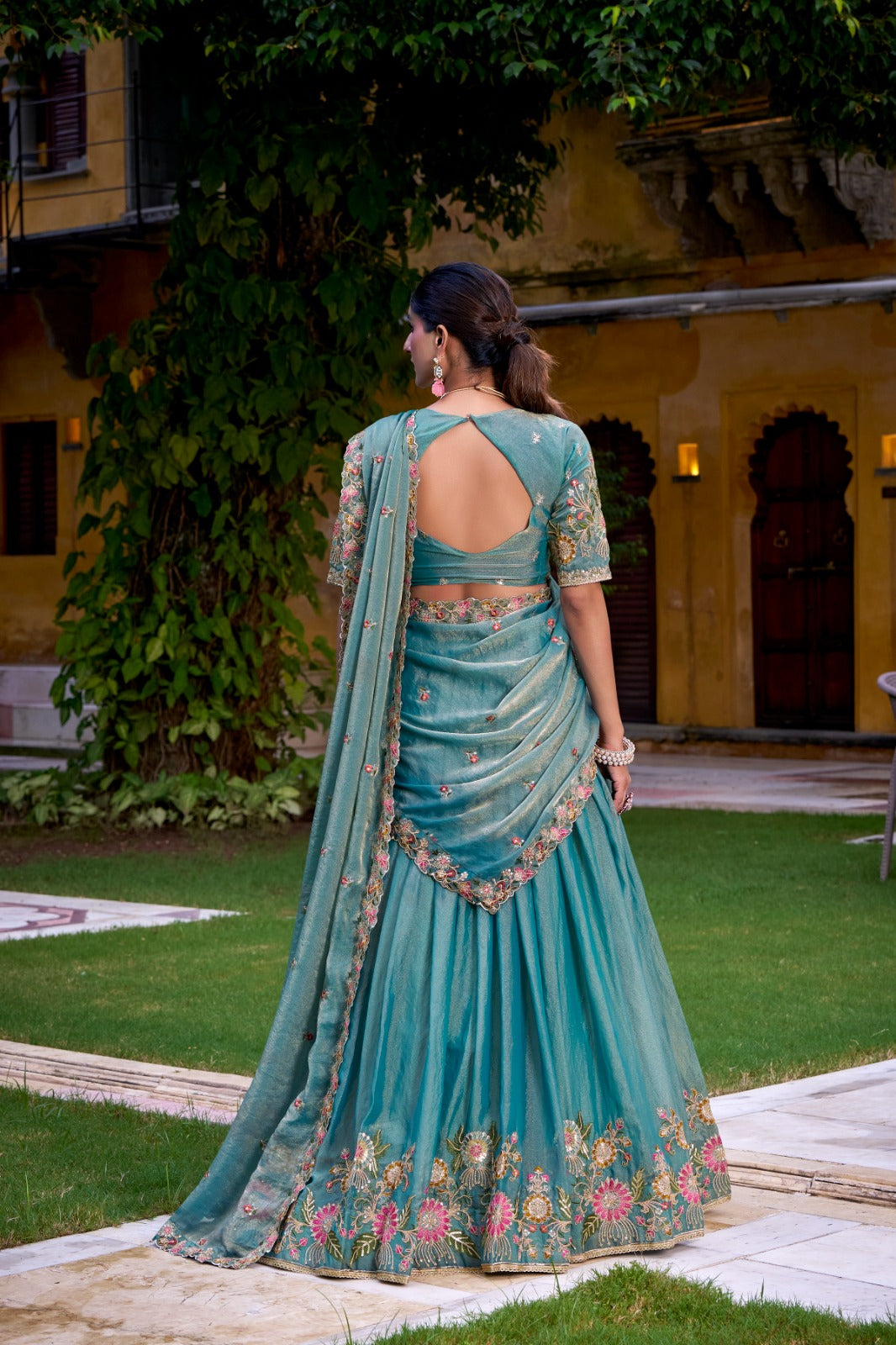 Sea Blue Zari Shimmer Readymade Party Lehenga Choli