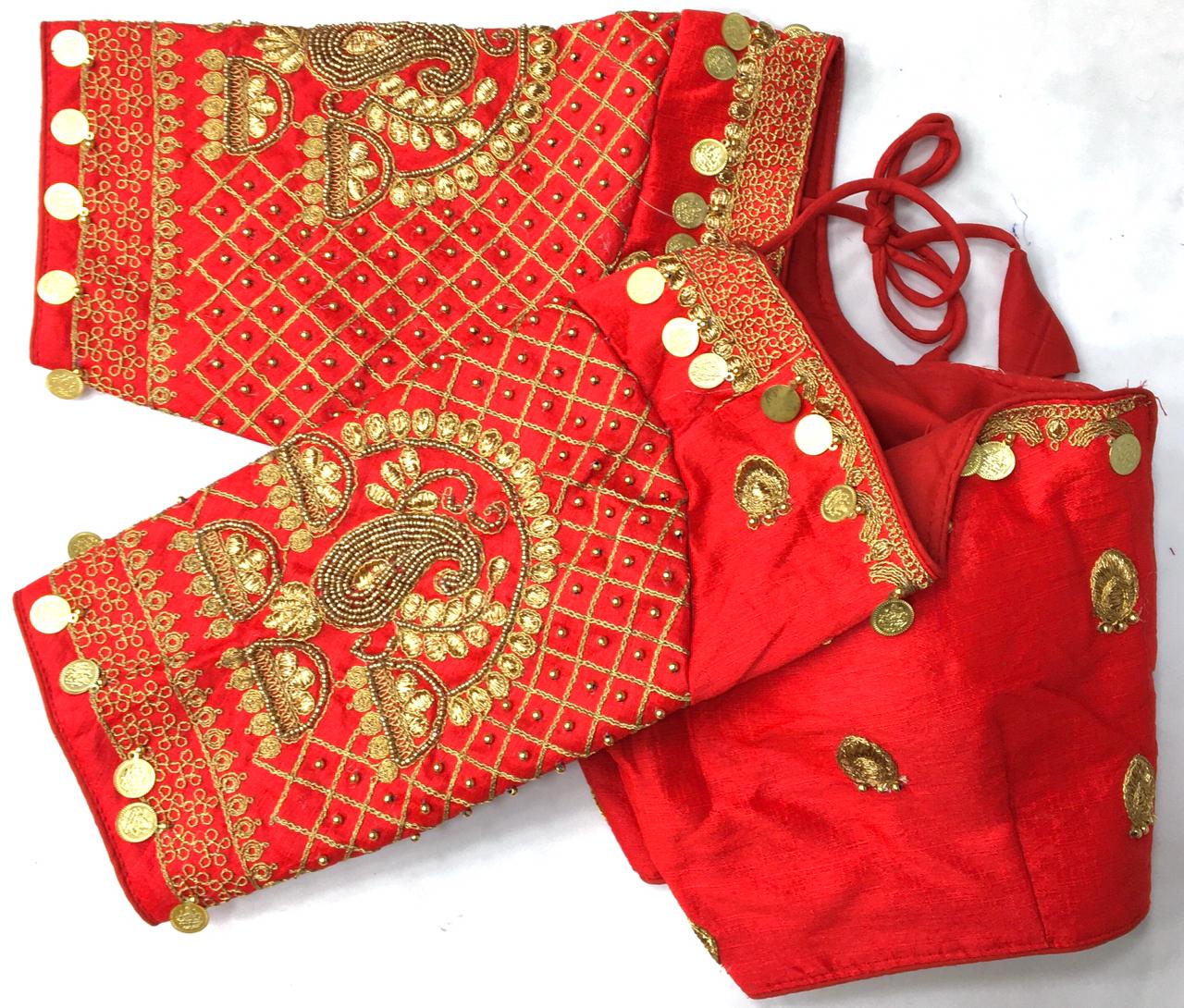Red color silk codding work sarees blouse images