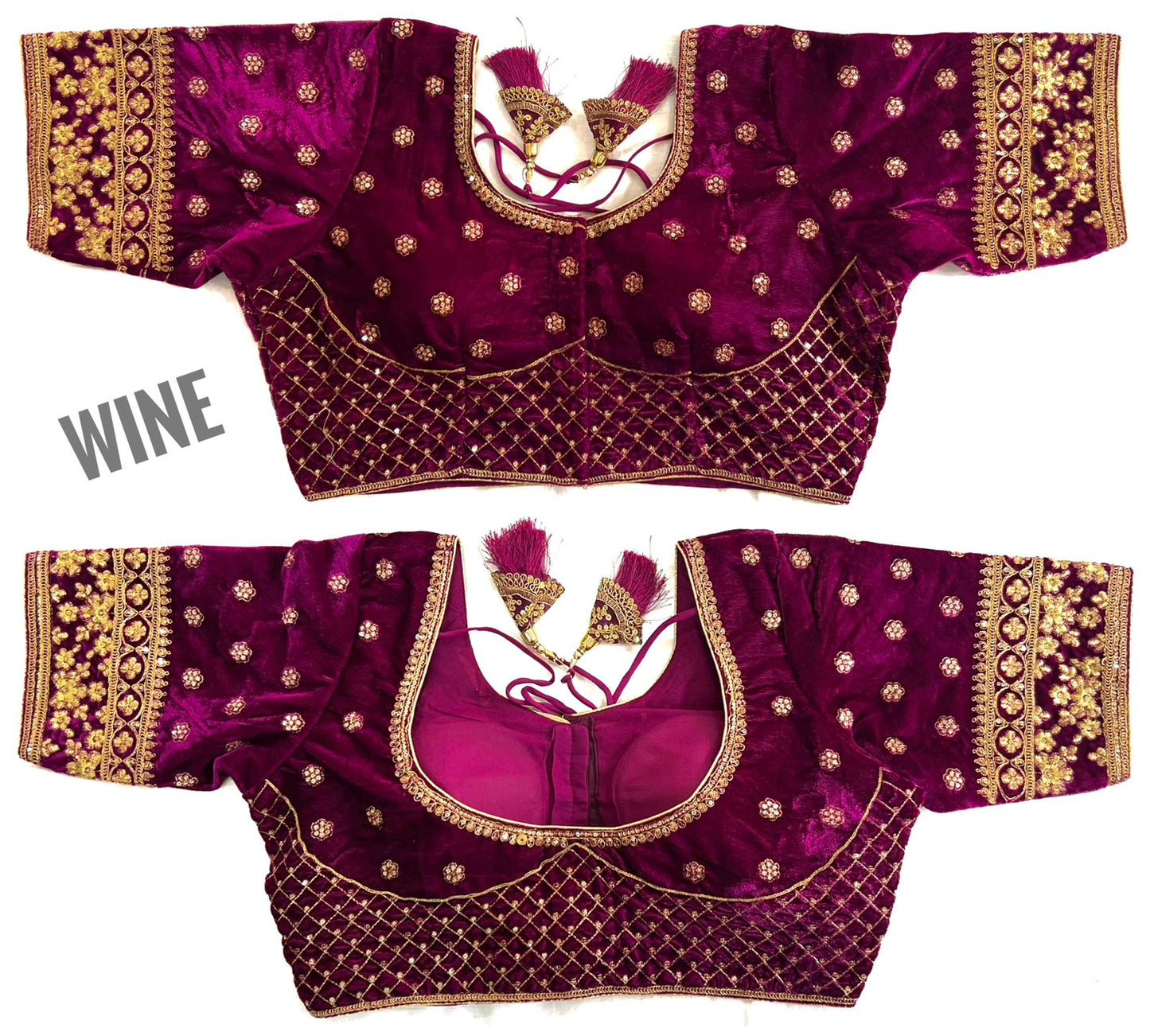 Wine color velvet embroidery work Blouse with saree design