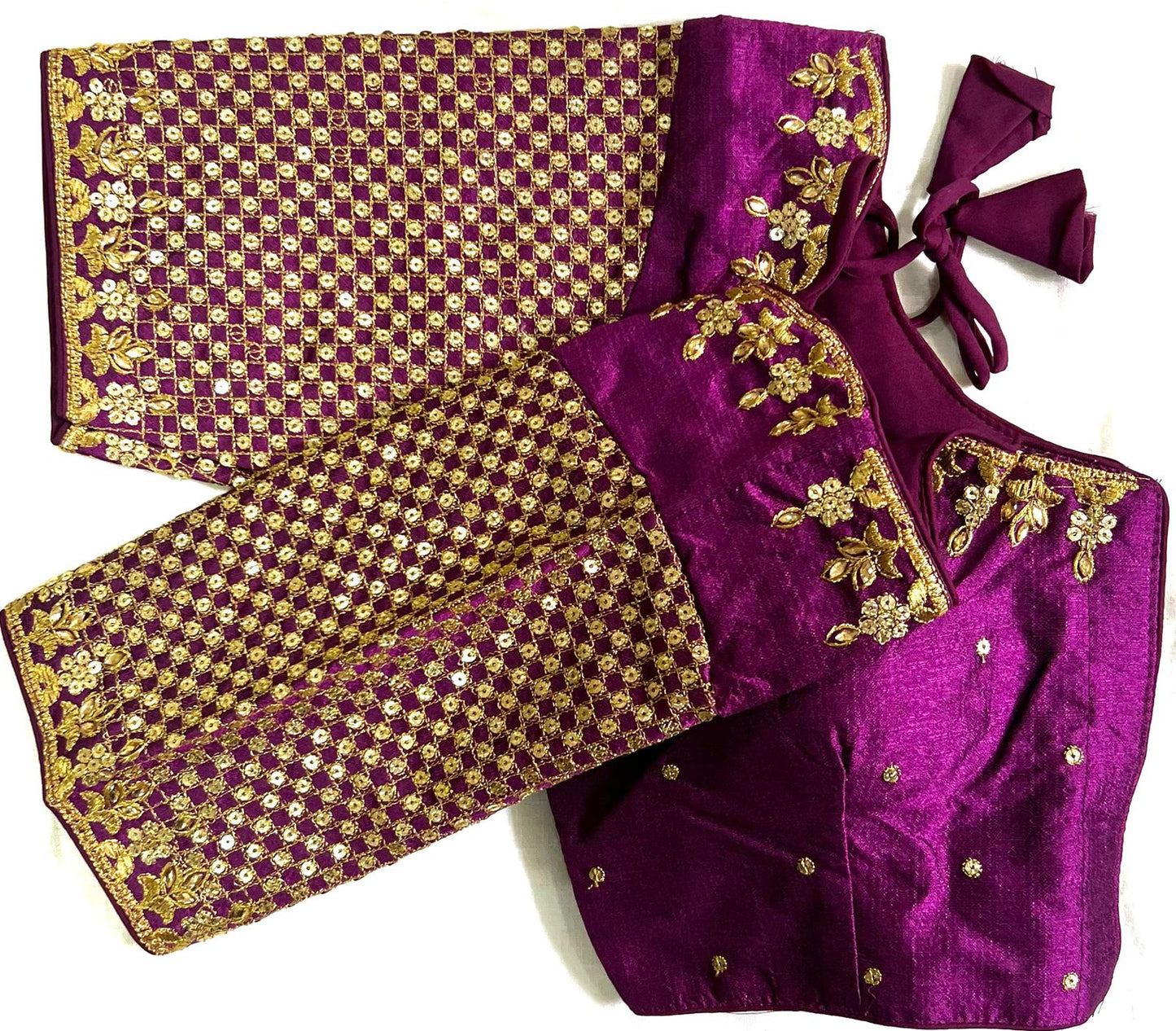 Wine color phantom silk sequins work stitched blouse