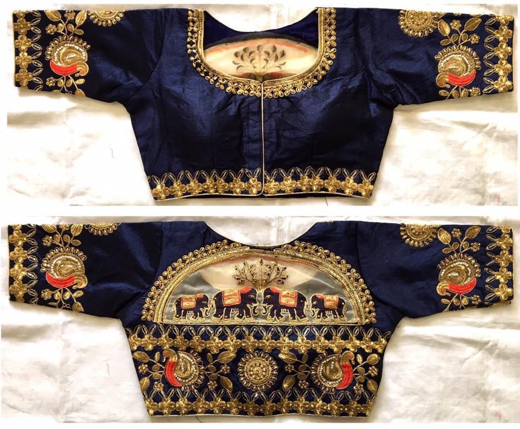 Navy Blue color malbari silk embroidery work blouse