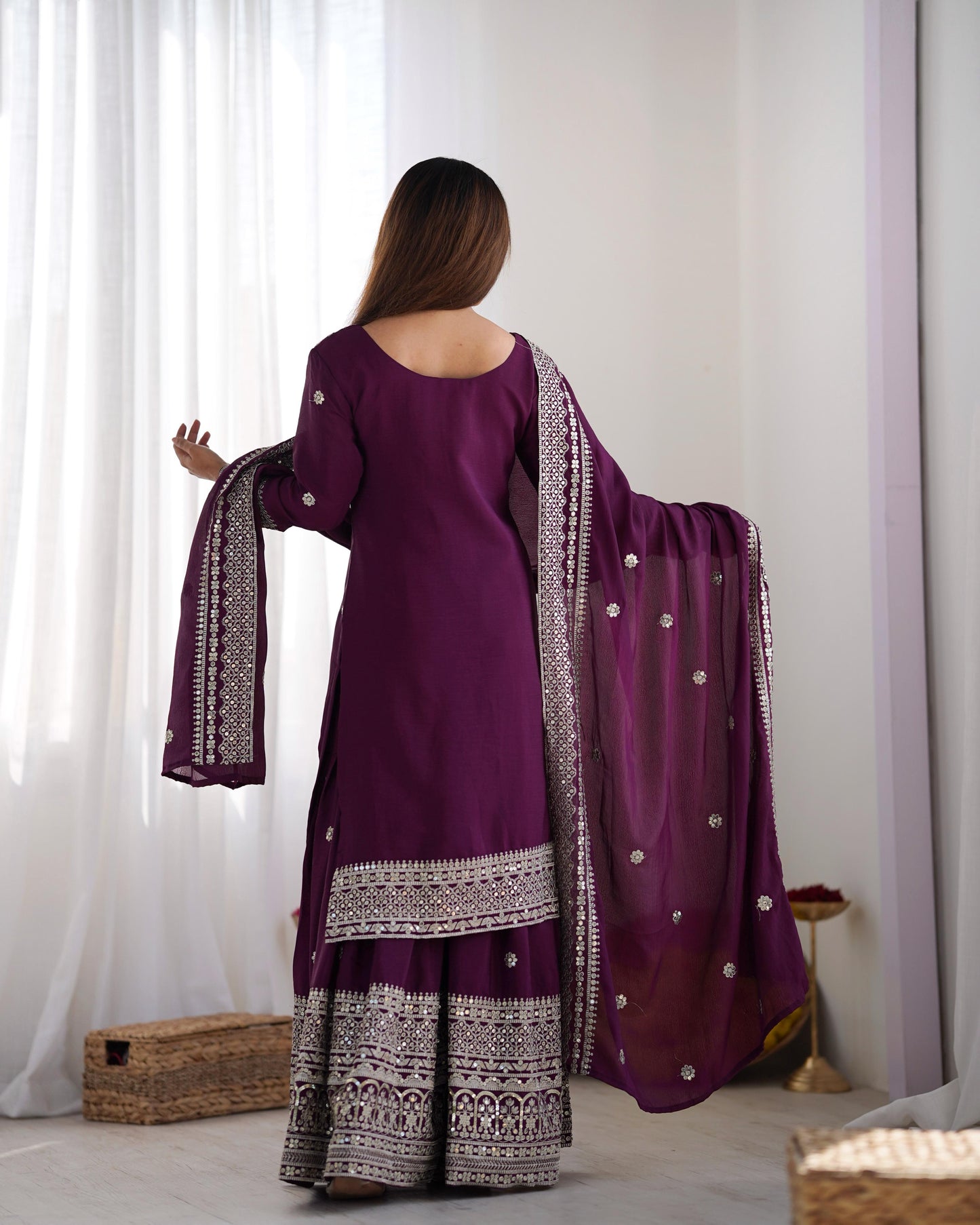 Purple color chinon silk sharara suit with dupatta for party