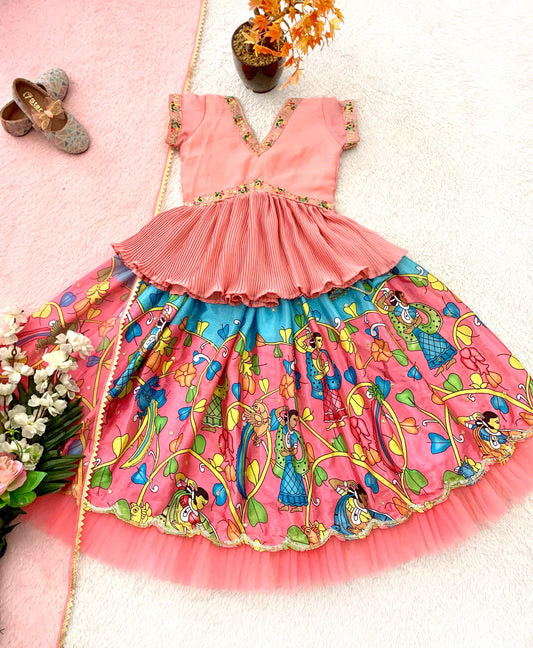 Peach color chinon silk chaniya choli for small girls