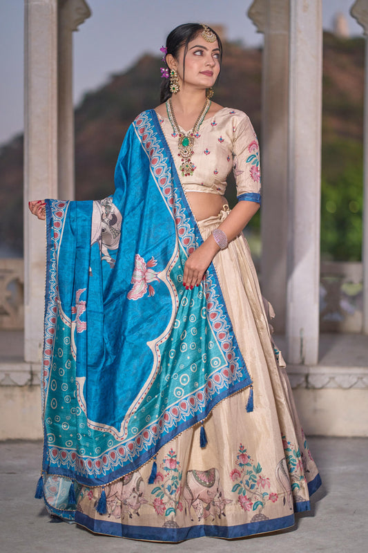 Cream color manipuri silk lehenga choli for wedding