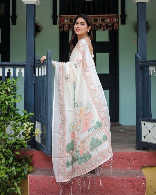 Ivory color linen printed saree with blouse online