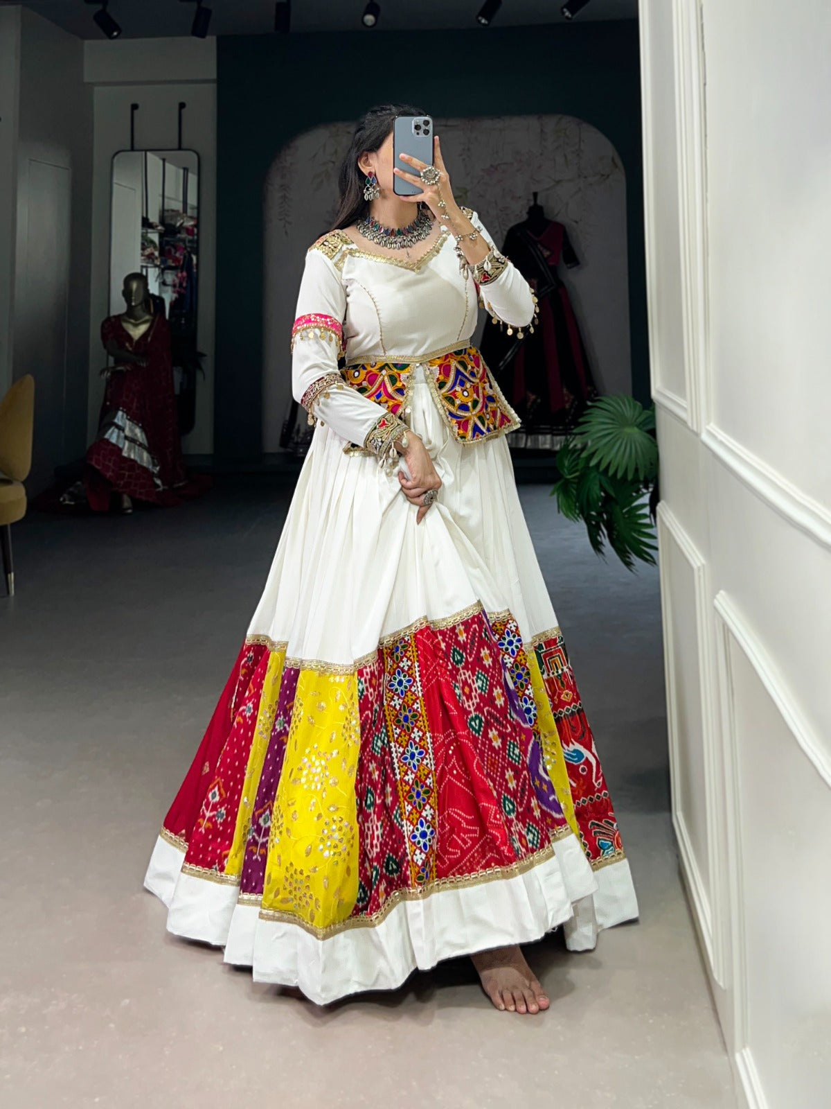 White rayon printed gamthi work chaniya choli online shopping