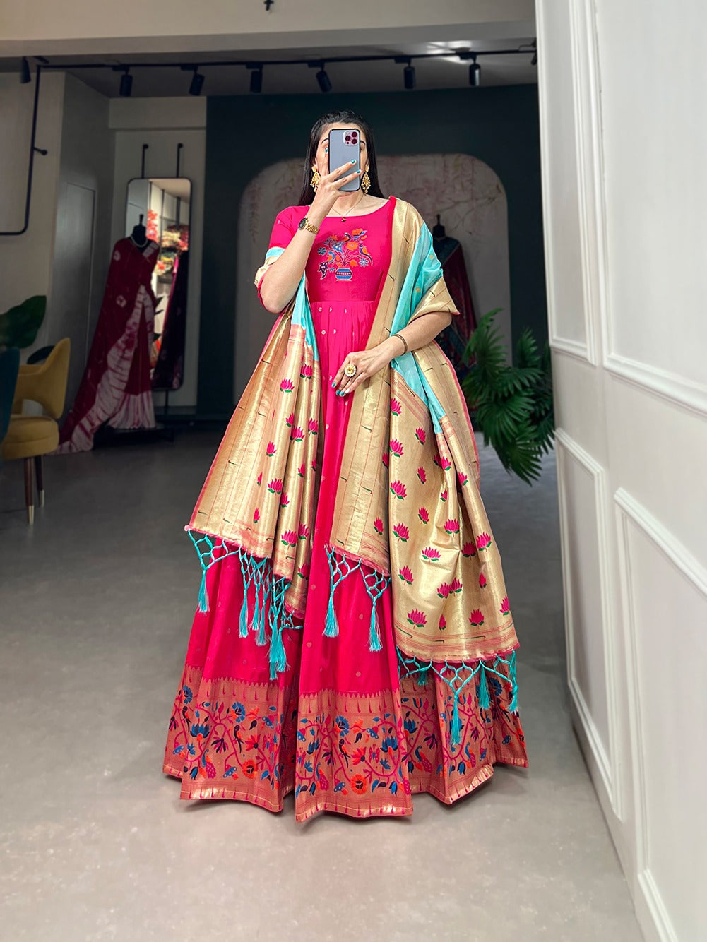 Pink color jacquard silk long gown