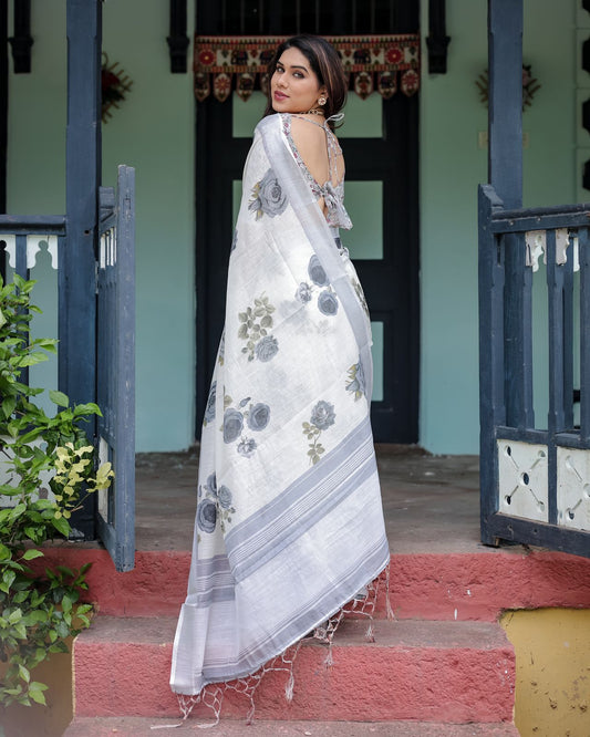 White color linen printed saree for party