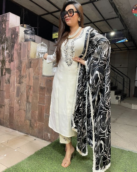 Off white color viscose chanderi salwar suit images