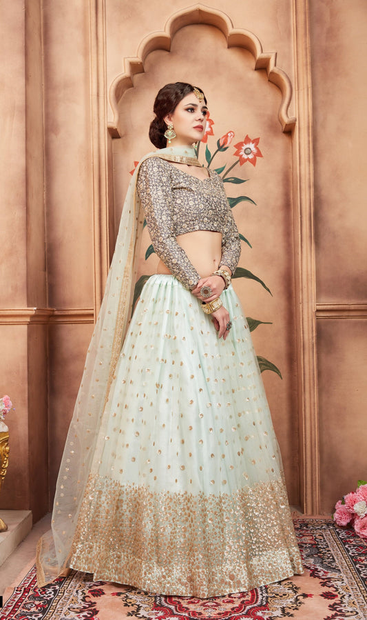 soft net sky blue lehenga engagement