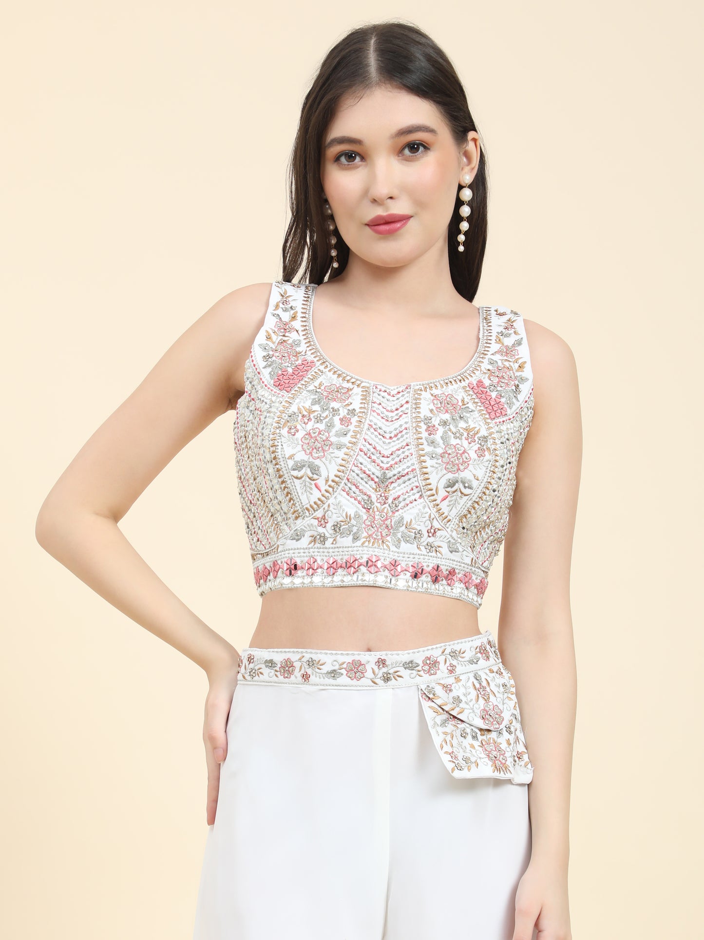 White embroidery work plazzo suit