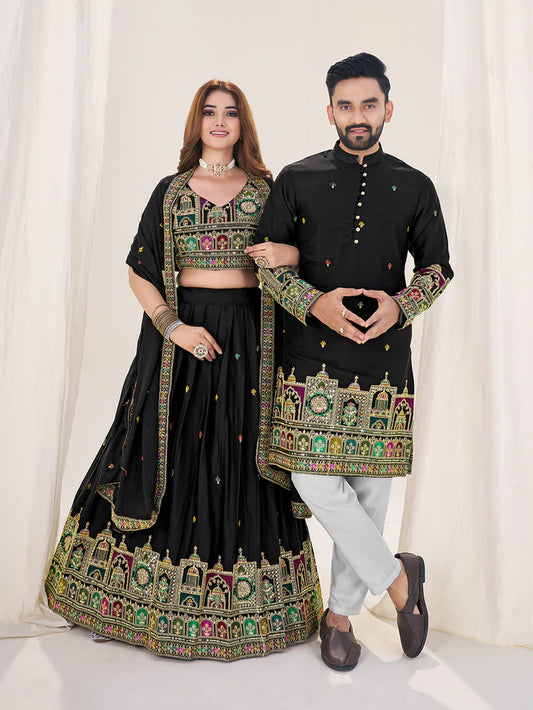 Black color georgette couple wear lehenga suit