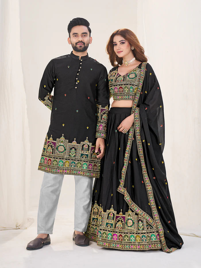 Designer black lehenga and mens kurta price