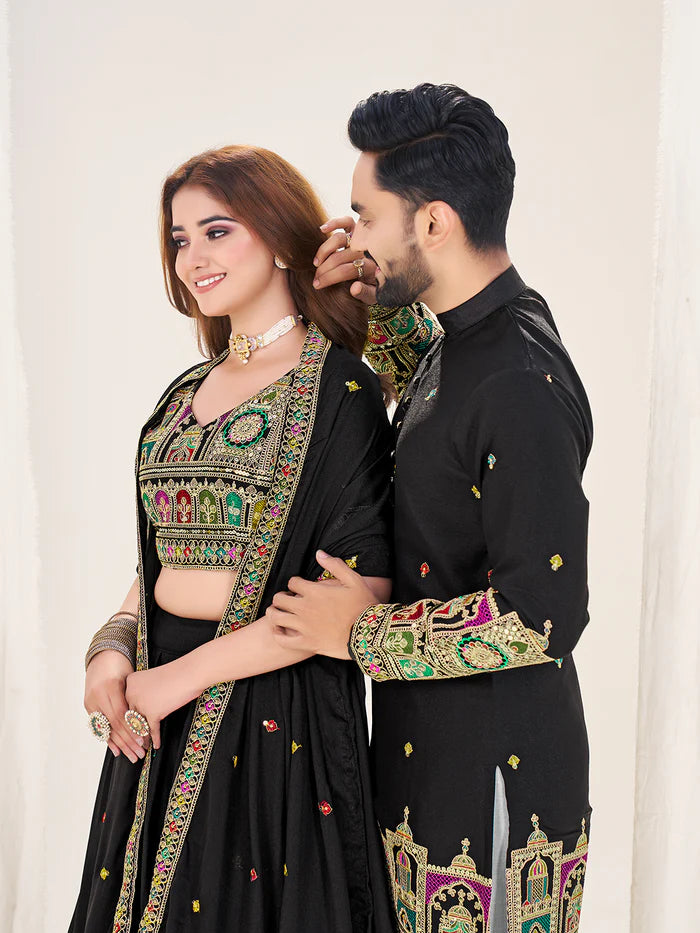 Black color lehenga choli with mens kurta