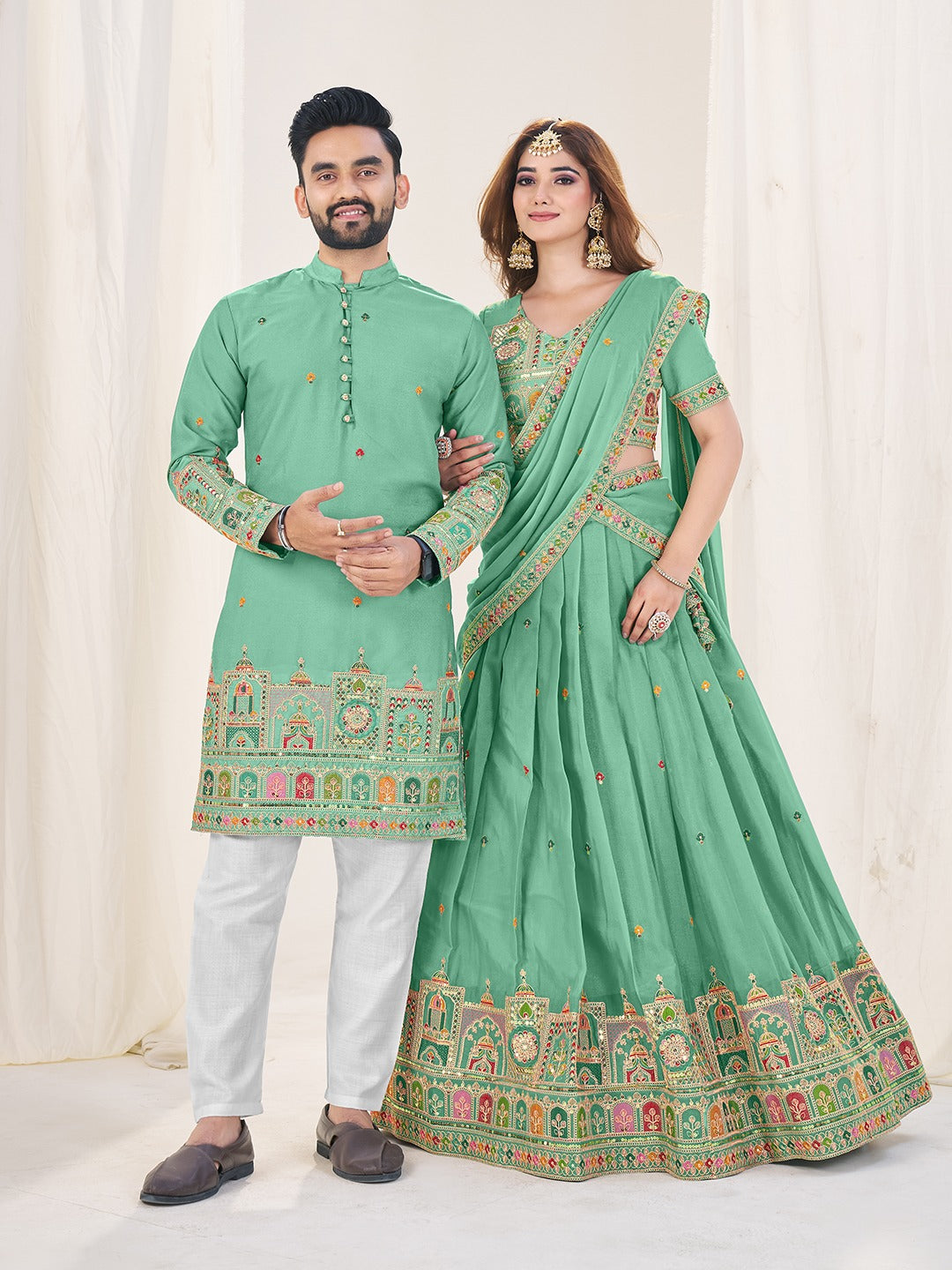 Sea Green Mens Kurta Matching Lehenga Choli Couple Wear MADE TO MEASURE / XL / Green Sea Green Mens Kurta Matching Lehenga Choli Couple Wear MADE TO MEASURE / XL / Green