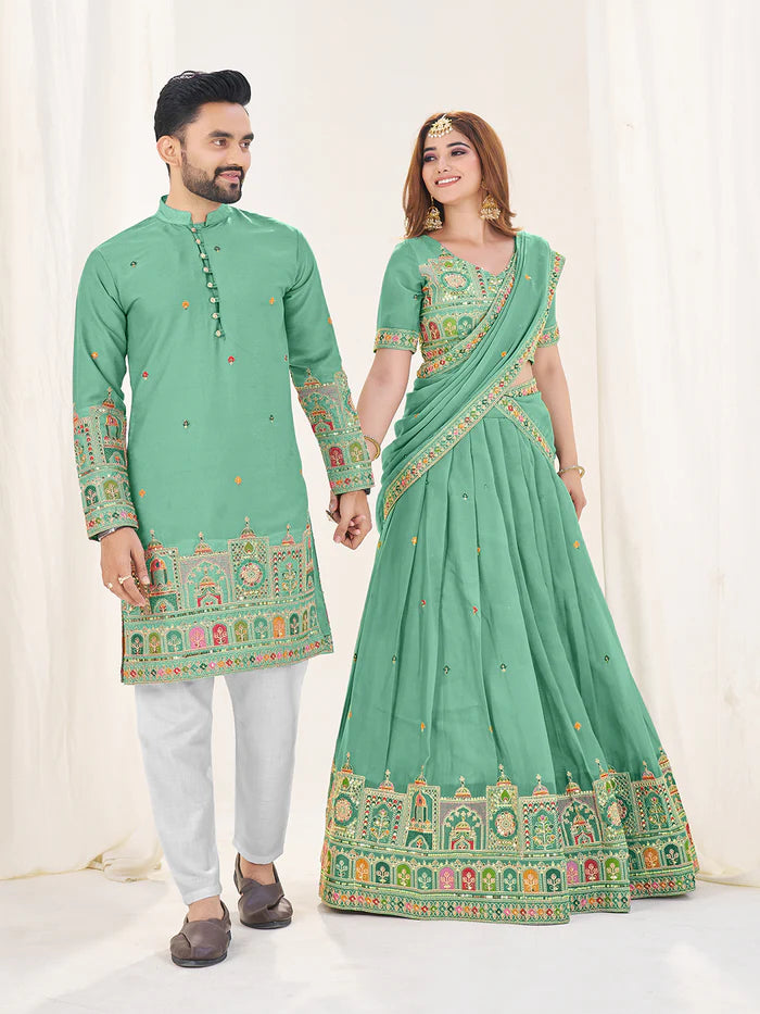 Sage green color georgette couple wear wedding