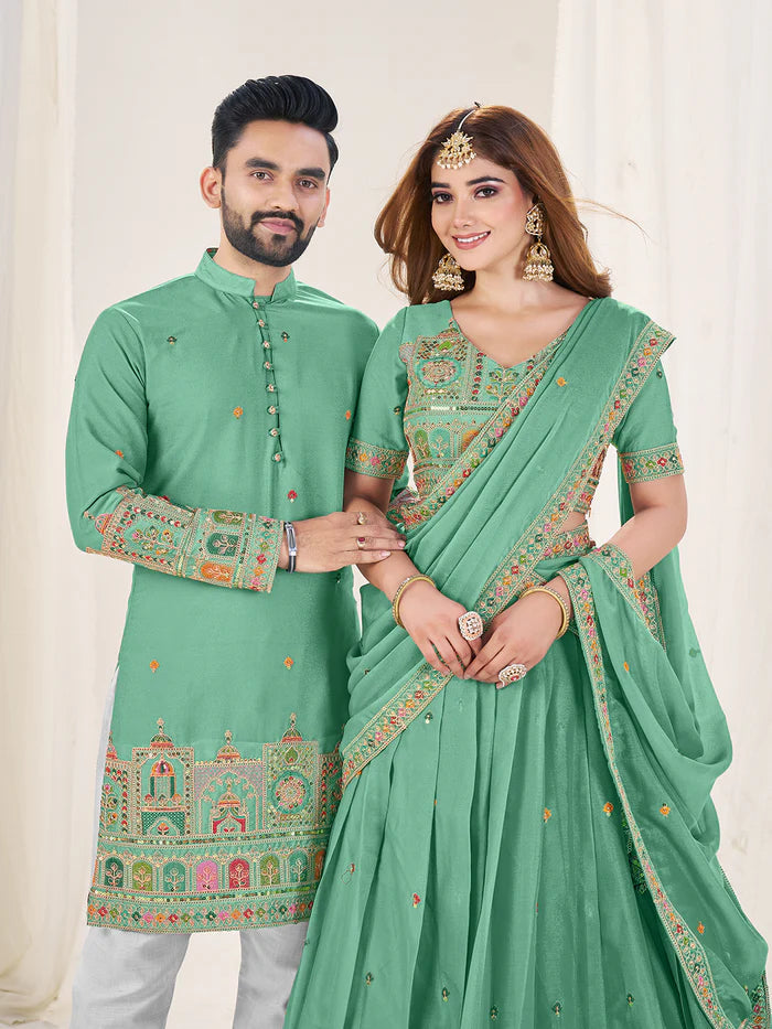 Elegance green color couple wear outfits with online