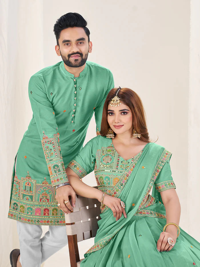 Couple wear green color outfits for enegagement