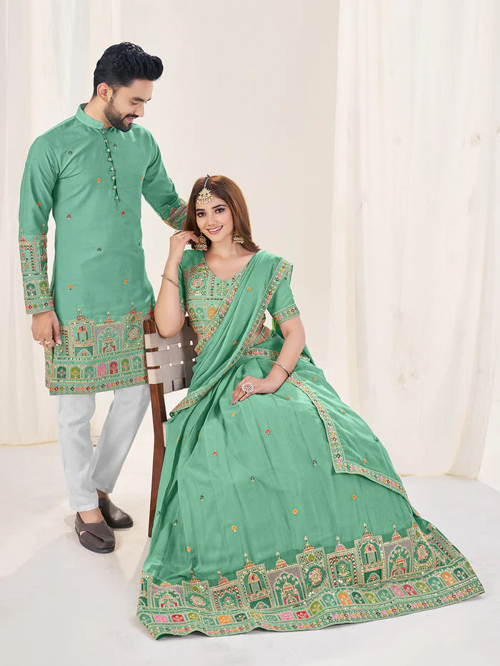 Emerald green color georgette couple wear wedding