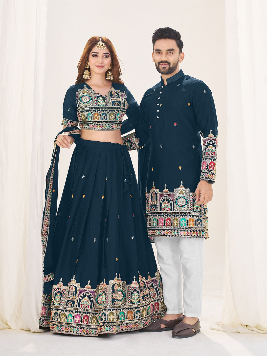 Navy blue color georgette couple wear wedding