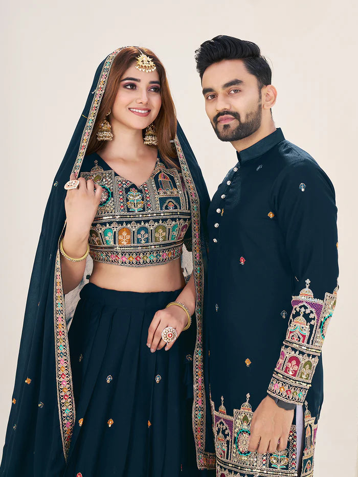 Navy blue georgette couple wear outfits
