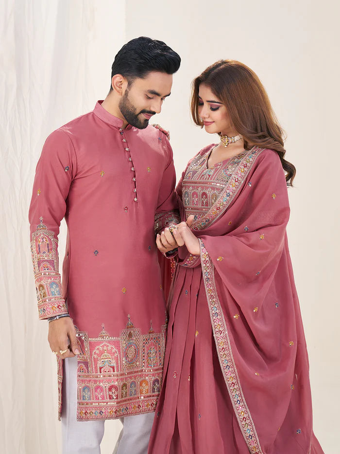Pink color georgette couple wear outfits price