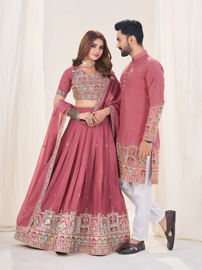 Pink couple wear lehenga matching kurta