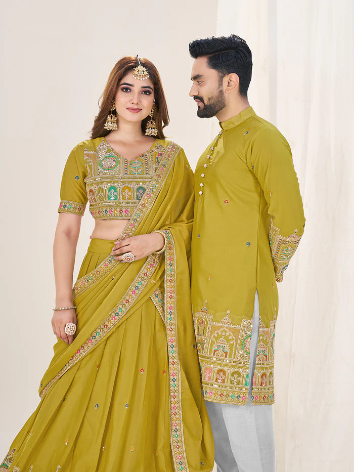 Party Wear Lime Green Color Georgette Couple Wear Outfits