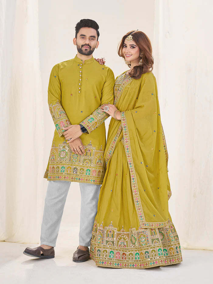 Green georgette couple wear outfits for party online shopping