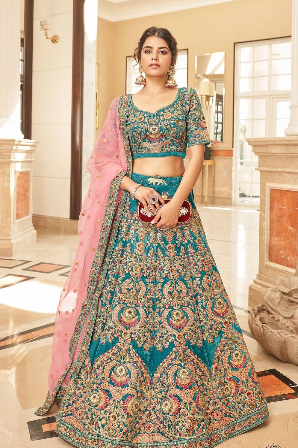Blue Velvet Lehenga with Pink Dupatta
