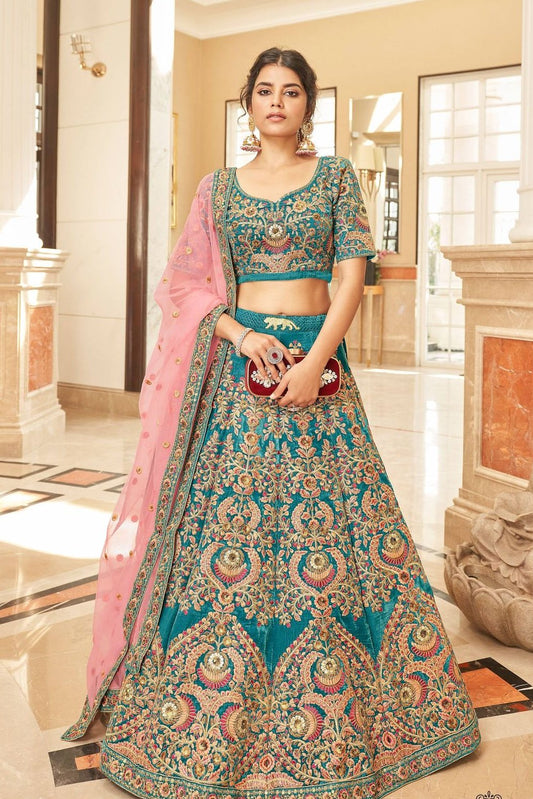 Blue Velvet Lehenga with Pink Dupatta