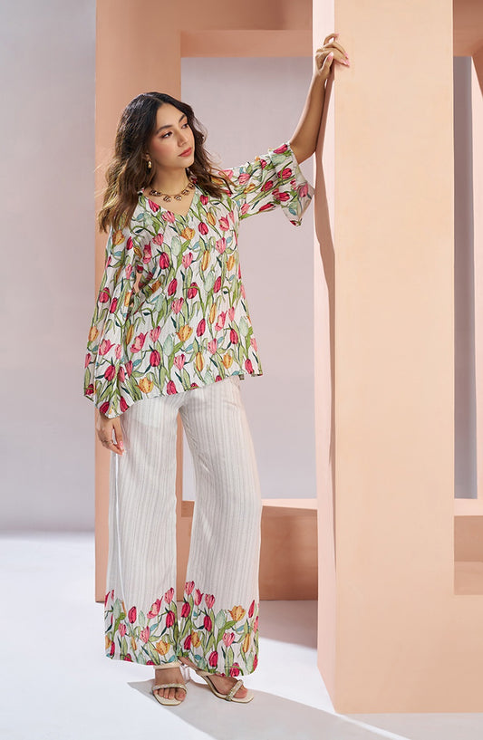 White color pure muslin silk co-ord set for party