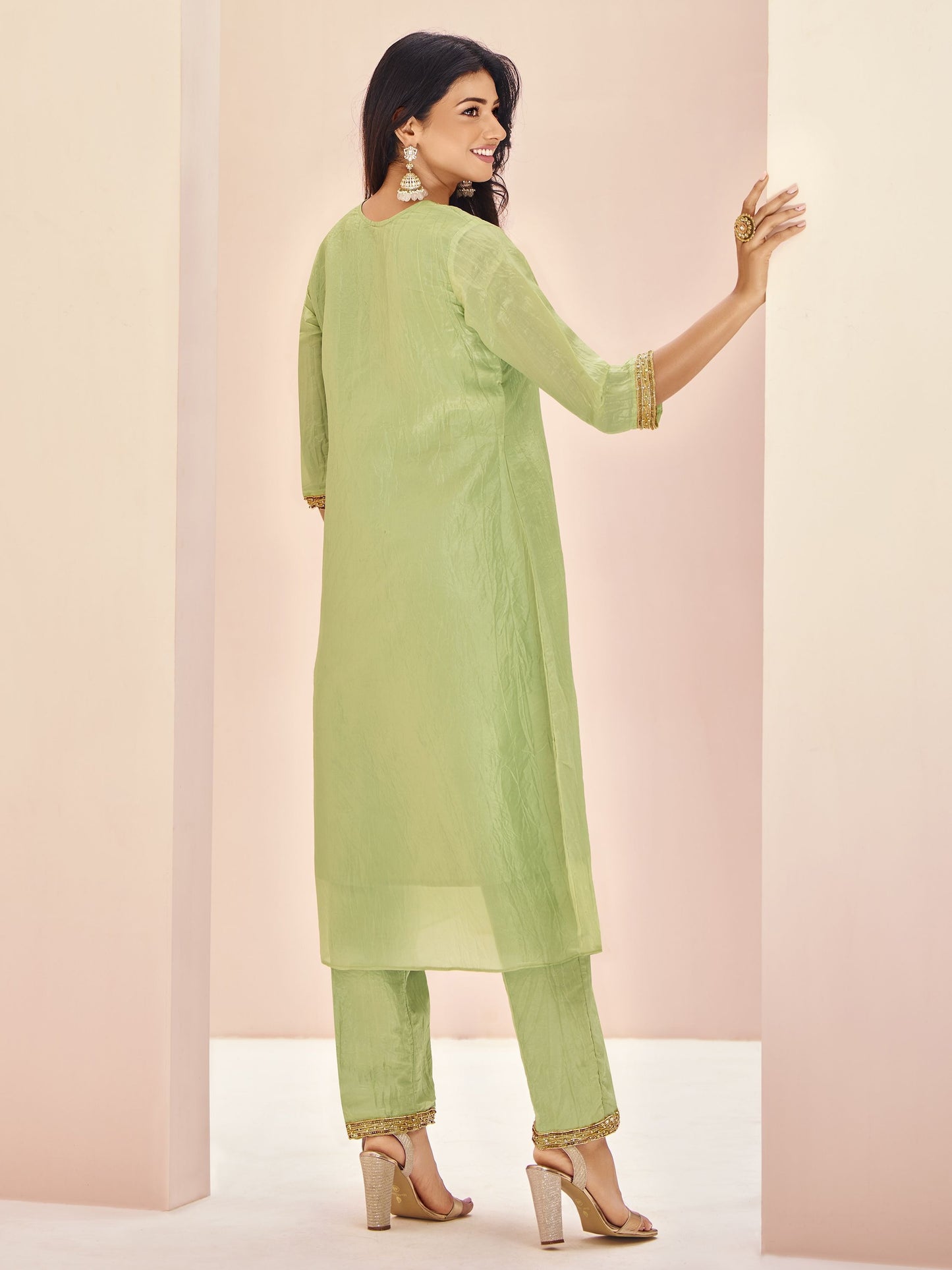 Hand woven light green color salwar suit images