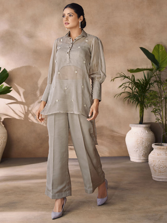 Grey color organza co-ord set for party