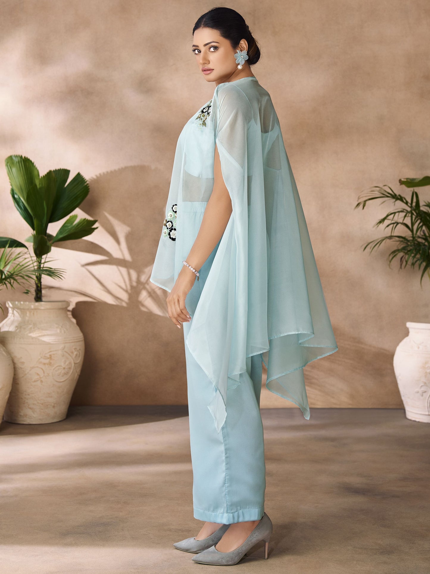 Sky color organza handwork co ord set online