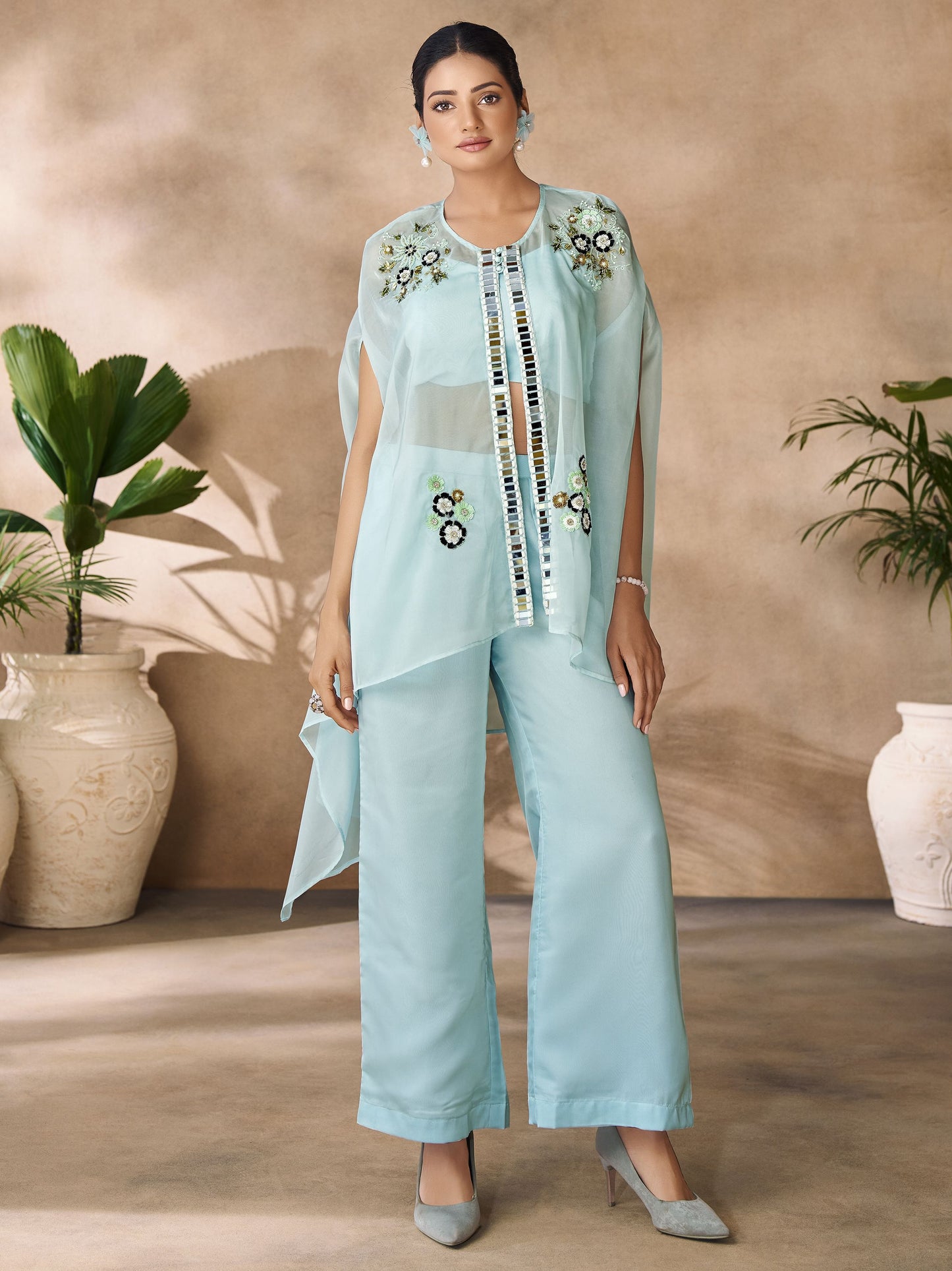Sky color organza handwork co ord set