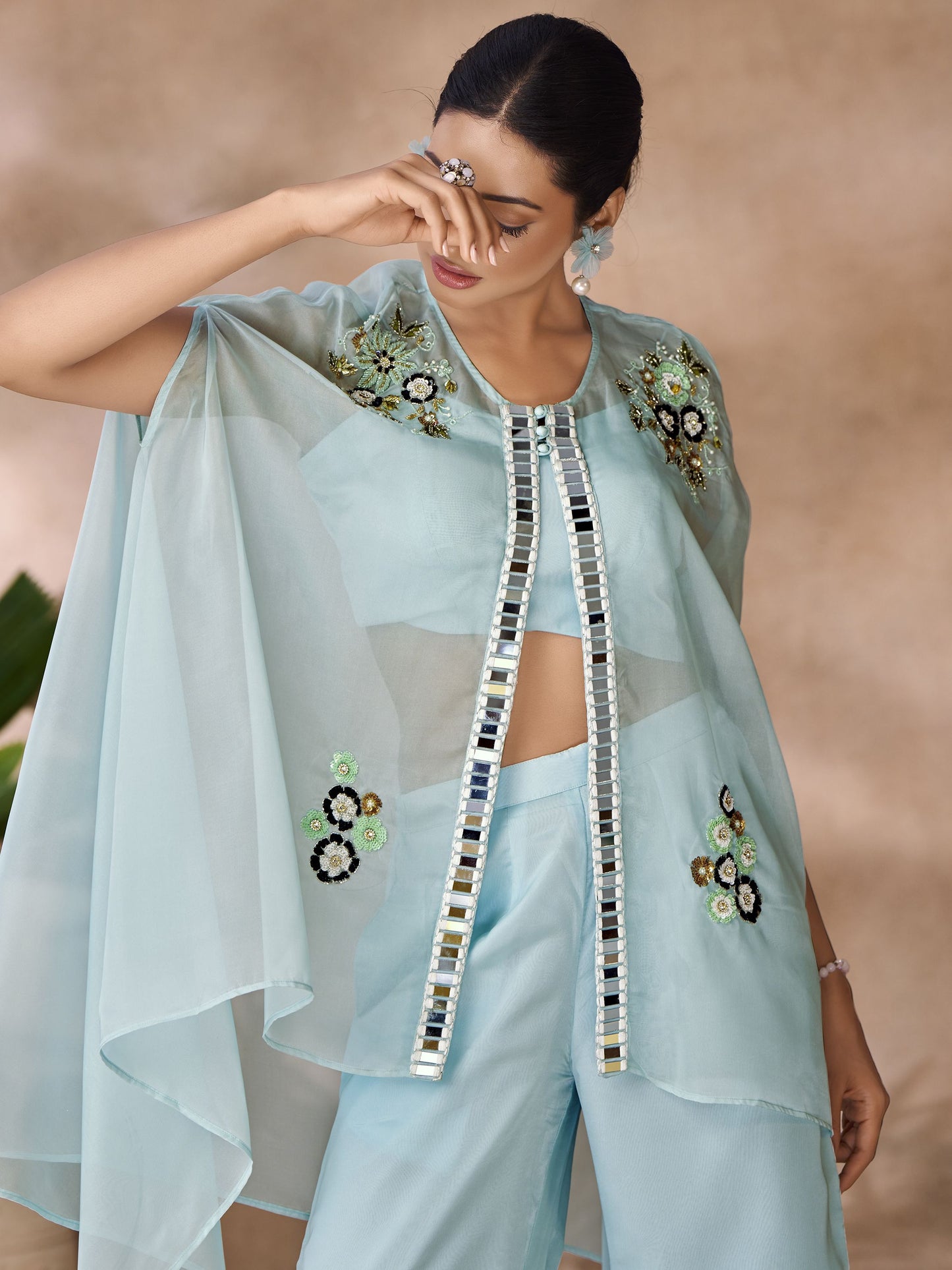 Sky color organza handwork co ord set price