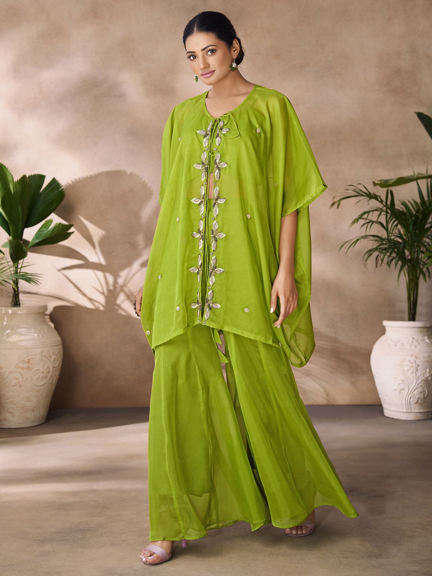 Green color organza co ord set for women
